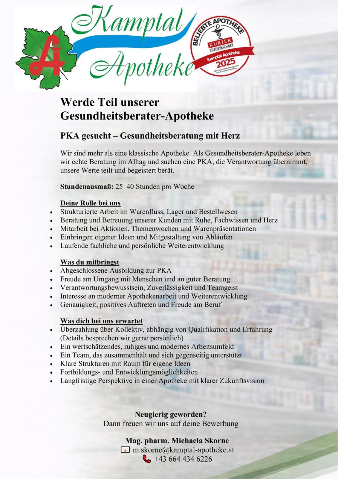 Stellenbeschreibung der Kamptal Apotheke für eine/n PKA - Gesundheitsberatung mit Herz